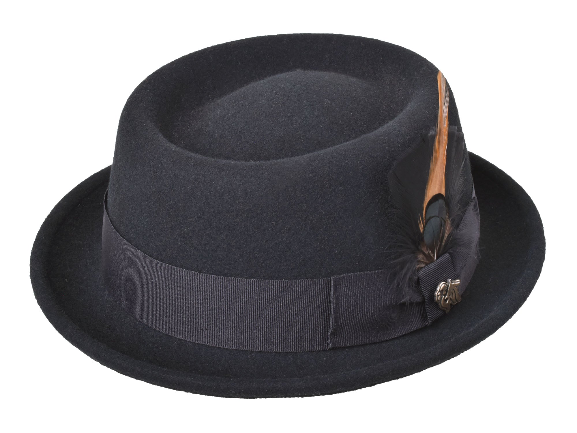 Vintage Pork pie style wool felt hat black & hand painted chamois band/feathers This weeks  main image 4