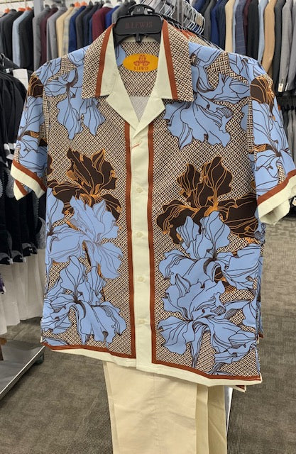 Robert Lewis Floral Light Blue and Cream Short Sleeve 2 Piece Walking Set