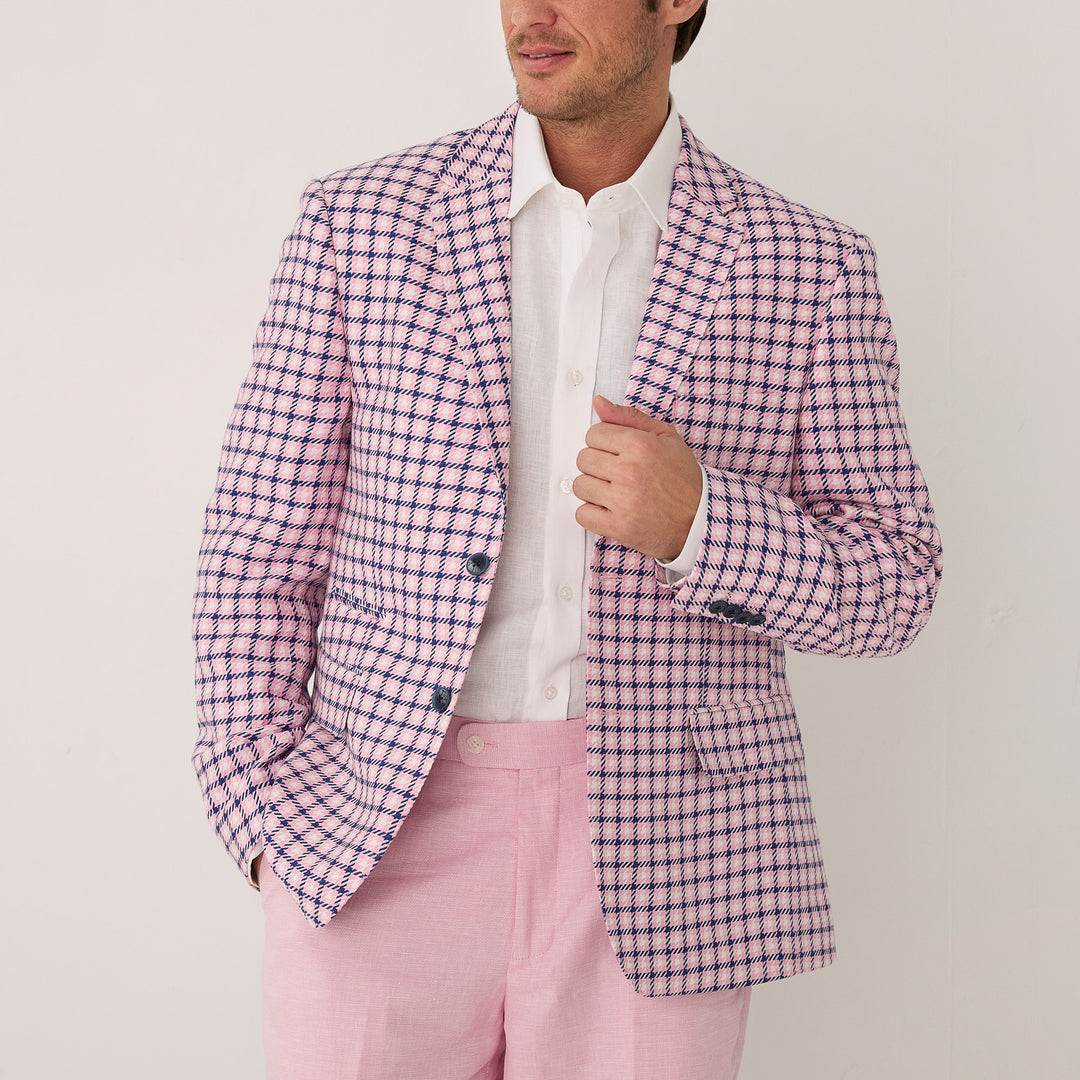 Men’s InSerch Spring Sports Coat – Pink Blazer | Yarn-Dyed Cotton Linen Houndstooth