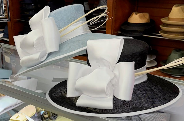 Powder Blue Ladies’ Church Hat – Wide Brim with Bold White Bow & Accent Loops