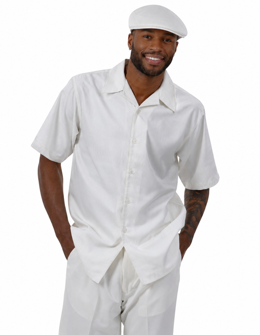 Men's 2-Piece White Walking Suit Set – Short Sleeve Button-Up Shirt & Dress Pants