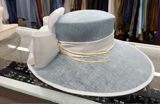 Powder Blue Ladies’ Church Hat – Wide Brim with Bold White Bow & Accent Loops