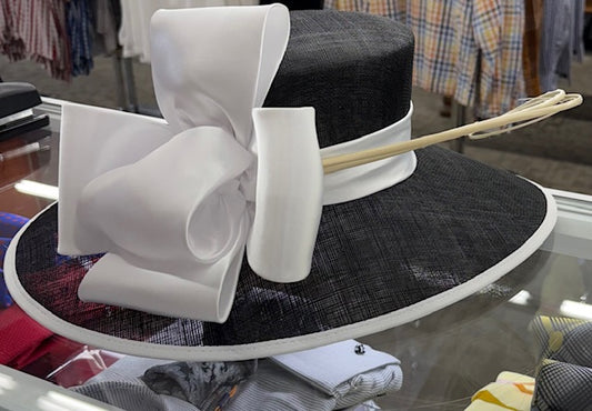 Black & White Ladies’ Church Hat – Wide Brim Elegance with Striking Satin Bow