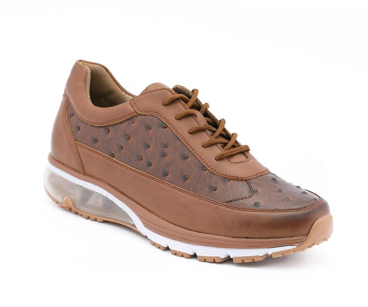 Sio "Vista" Men's Rust-Cognac Embossed Ostrich Low Top Sneakers